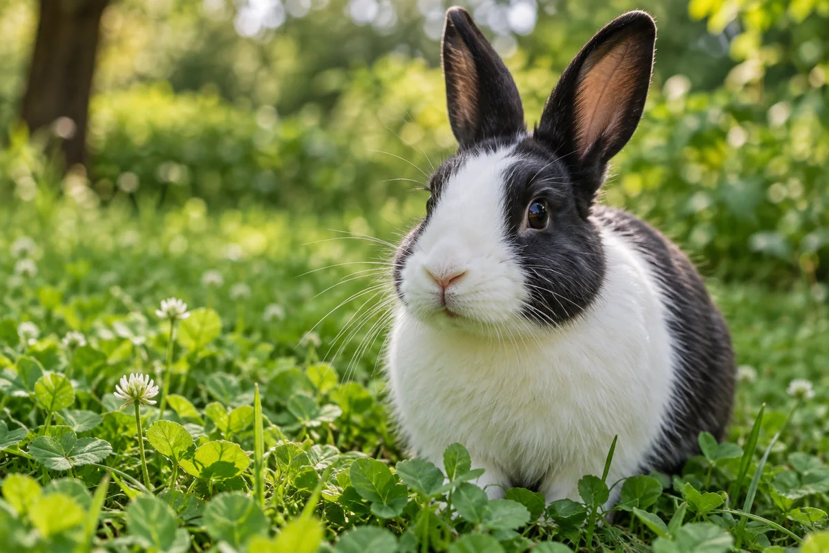 Lapin noir et blanc dans le trèfle